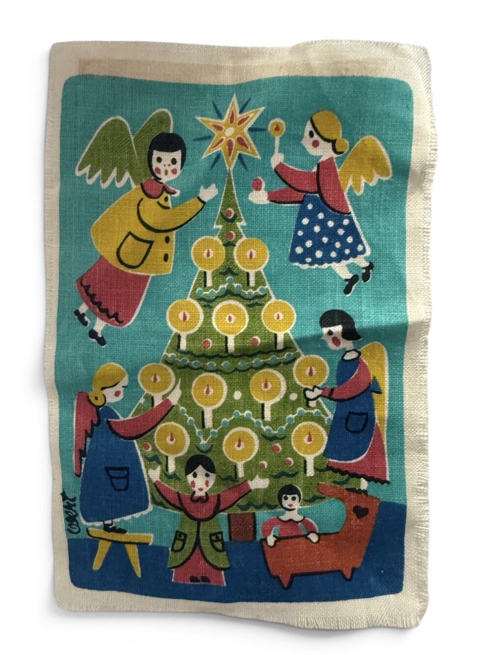 MCM Robert Darr Wert Screenprint on Linen Original Holiday Scene Tree Angels